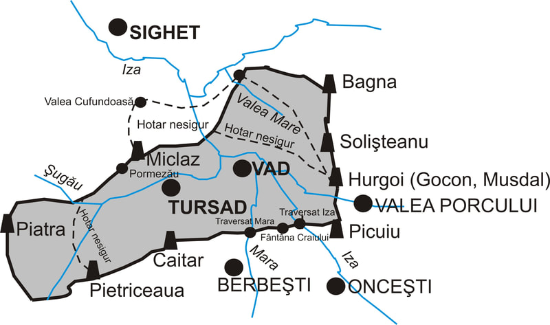 Figura 5: Reconstituire cartografiată propusă a hotarelor moşiilor Vad şi Tursad din anul 1411 (autor Teofil Ivanciuc)