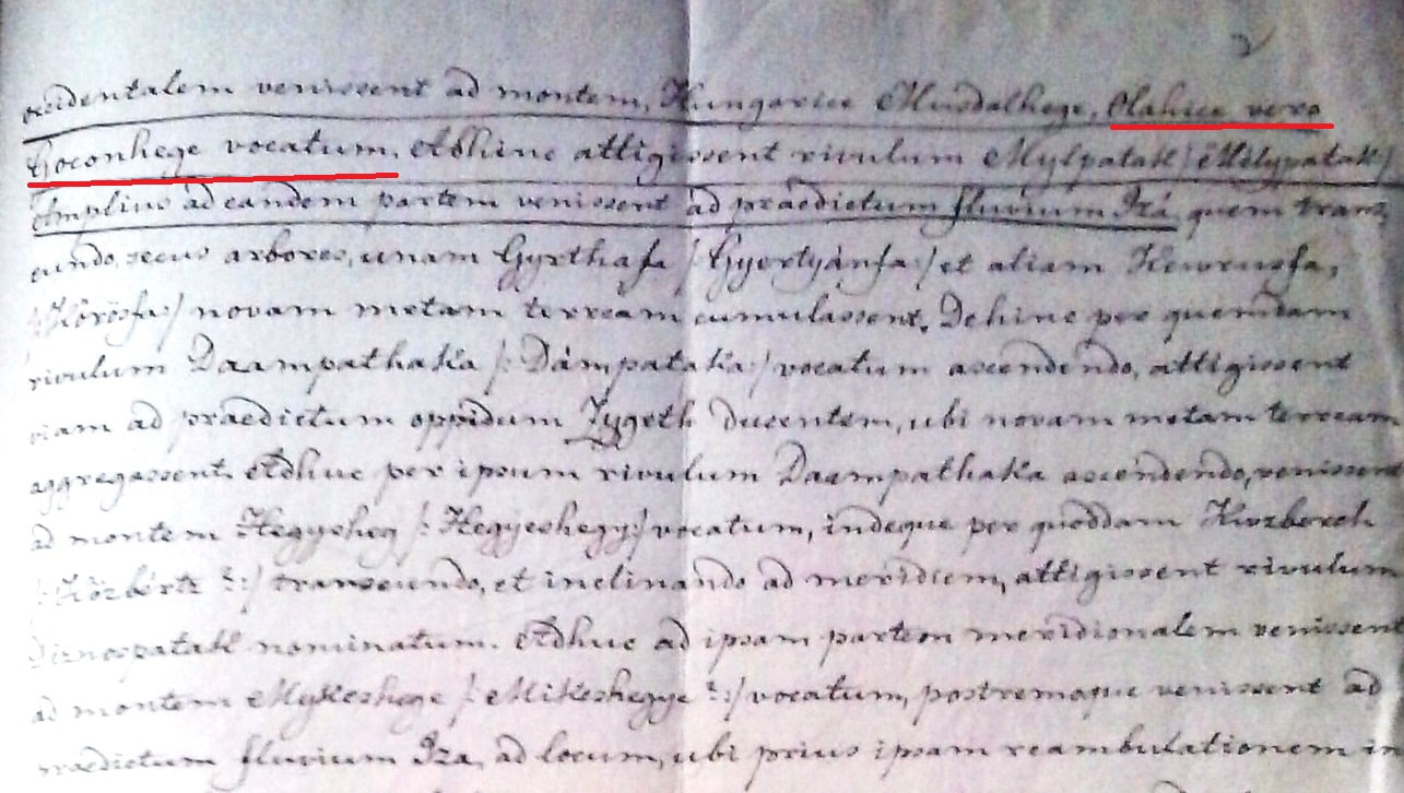 Figura 1: Fragment din ultima filă a documentului din 1411 (DJAN Maramureş, fond: Prefectura Judeţului Maramureş, Seria ”Familii Nobile Maramureşene”, inv. 697, dosar nr. 368, vol. I, f. 1, 1v-2)

